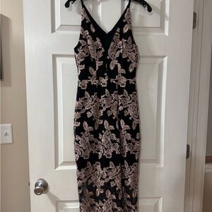 Xscape Black and Pink Sheath Midi Dress Spaghetti Strap